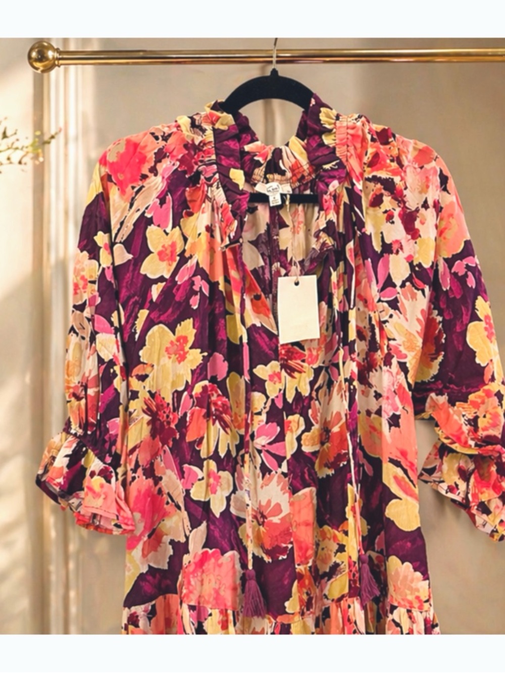 Easel Purple Multi Tiered Ruffle Floral Tassel Puff Sleeve Maxi Dress w/Pockets! - Picture 7 of 10
